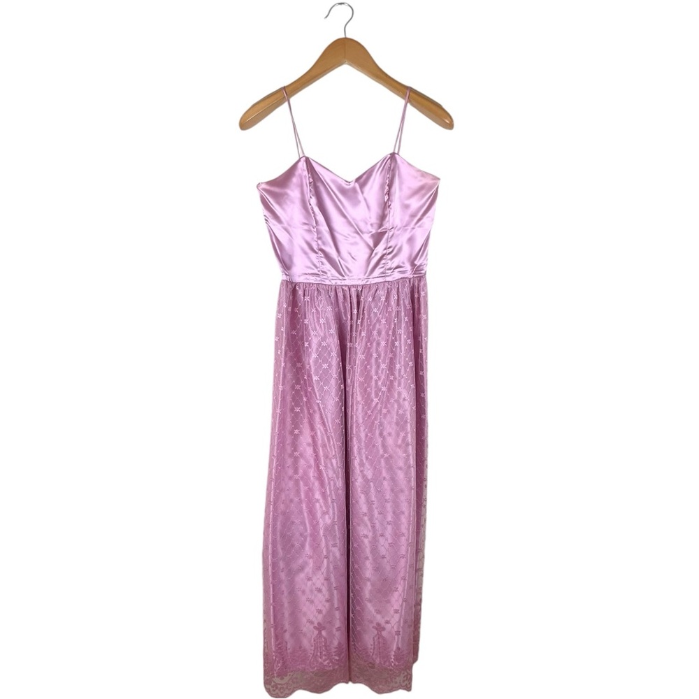 Vintage Pink Satin Floral Lace Spaghetti Strap Princess Barbie Fairy Gown